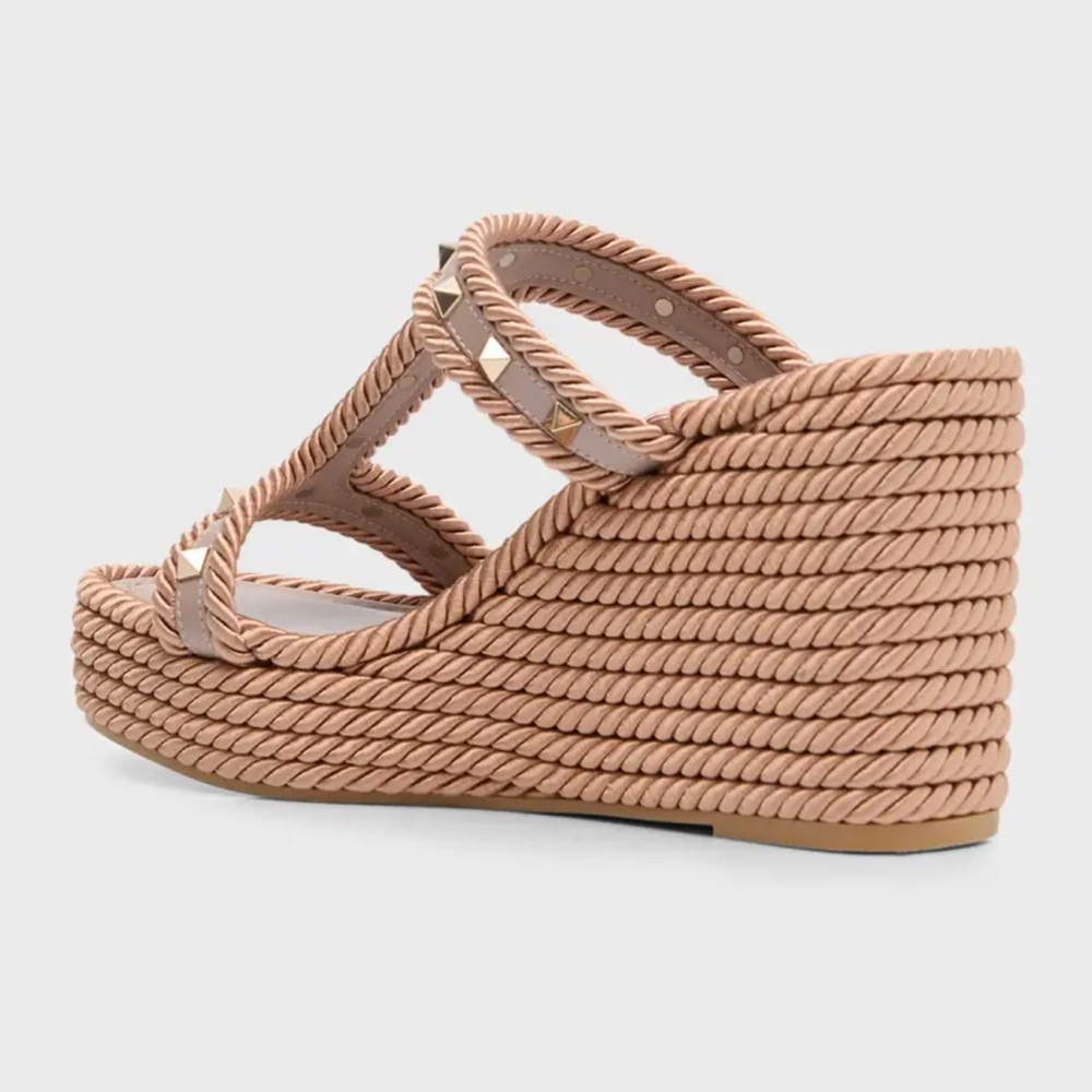 Valentino Rockstud Rope Wedge Sandals, Poudre - Picture 3 of 15